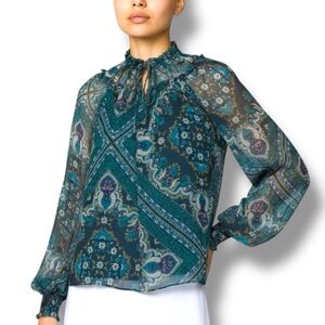 Ramy Brook Saffron Teal Silk Boho Peasant Flowy Top sz M